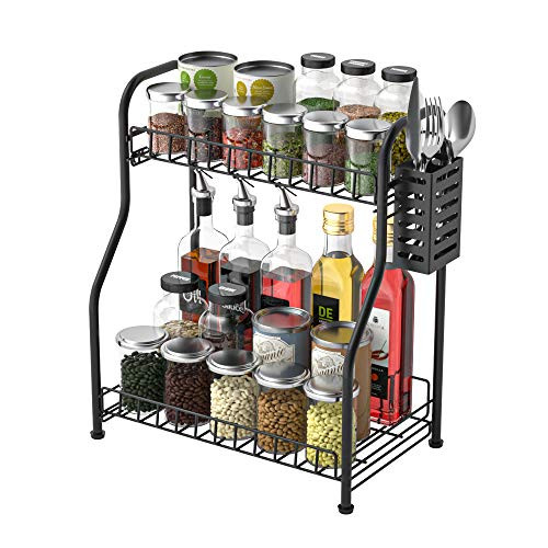 Spice Rack Organizer For Cabinet Seasoning Rack With Cutlery Chopsticks Storage Shelf - 2-Tier Bathroom Shelf Organizer countertop- Kitchen Rack Organizer for Spice Can Sauce Jars Bottle With 3 Hooks -Black- Steel-