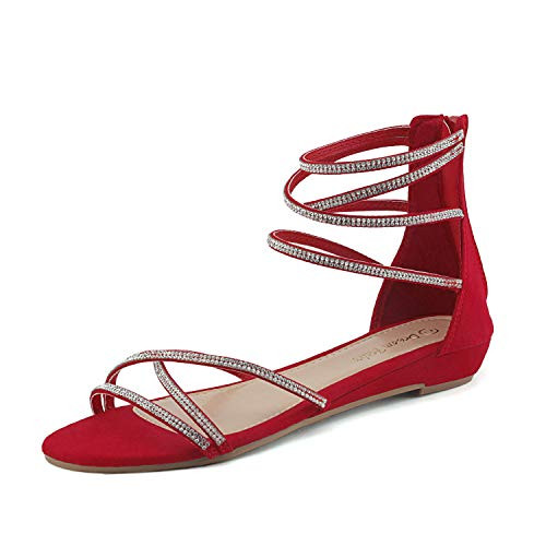 DREAM PAIRS Women's Weitz Red Ankle Strap Rhinestones Low Wedge Sandals - 7.5 M US