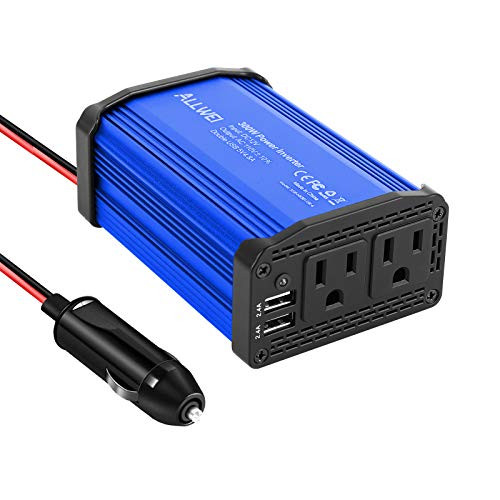 300W Car Power Inverter DC 12V to 110V AC Converter 4.8A Dual USB Charging Ports Car Charger Adapter -Blue-