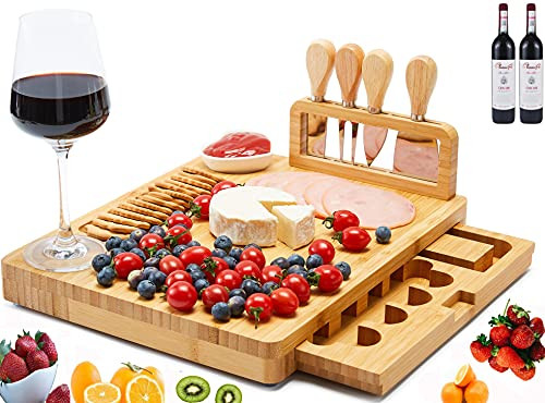 Itopfox Bamboo Cheese Board-Charcuterie Board with Hidden Drawer-Serving Tray and Knife Set-Charcuterie Platter for Cheese- Wine- Fruit Itopfox Bamboo Cheese Board-Charcuterie Board with Hidden Drawer-Serving Tray and Knife Set-Charcuterie Platter for Cheese- Wine- Fruit