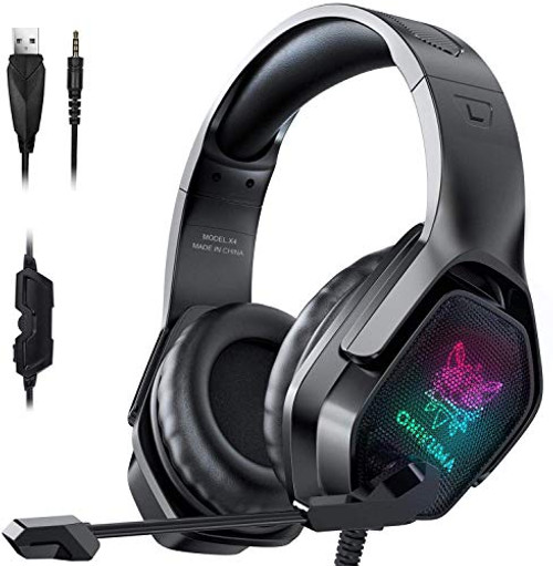 ONIKUMA Gaming Headset with Microphone- Noise Canceling Headphones with 3D Surround Sound Stereo- Soft Earmuff  and  RGB LED Light- Over-Ear Game Headphones for PC- PS4- Xbox One- PS5- Mac- Laptop-Black