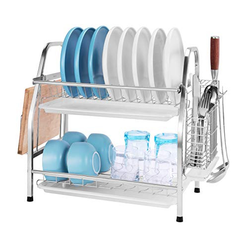 Dish Drying Rack- bestwishes Dish Rack 304 Stainless Steel 2 Tier Dish Rack with Drainboard Utensil Holder Cutting Board and Dish Drainer for Kitchen Counter -Silver-