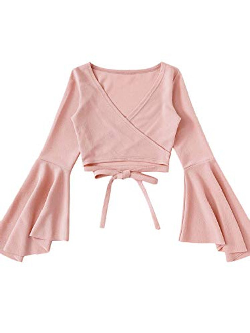 SOLY HUX Women's Surplice V-Neck Long Bell Sleeve Wrap Tie Back Crop Top Blouse Pink M SOLY HUX Women's Surplice V-Neck Long Bell Sleeve Wrap Tie Back Crop Top Blouse Pink M