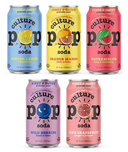 Culture Pop Sparkling Probiotic Soda | 40 Calories per can- Vegan- Non-GMO | 12 Fl Oz Cans -5 Flavor Variety- Pack of 10-