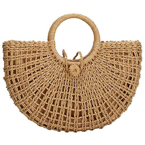 Straw Bags for Women-Hand-woven Straw Top-handle Bag with Round Ring Handle Summer Beach Rattan Tote Handbag -Khaki-