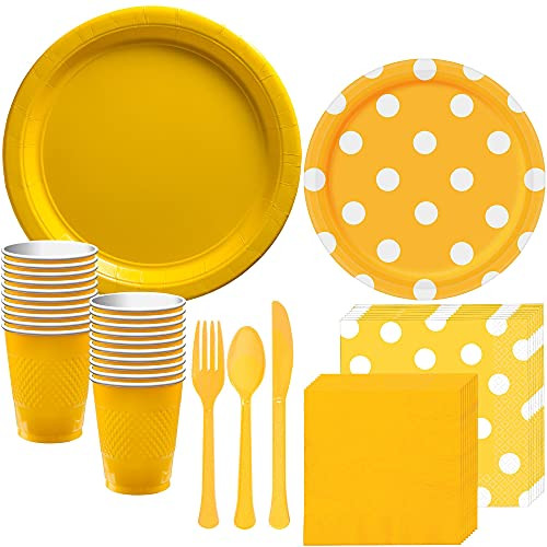 Party City Yellow Polka Dot Tableware Party Supplies for 16 Guests- Includes Paper Plates- Napkins- Plastic Cups- and Cutlery