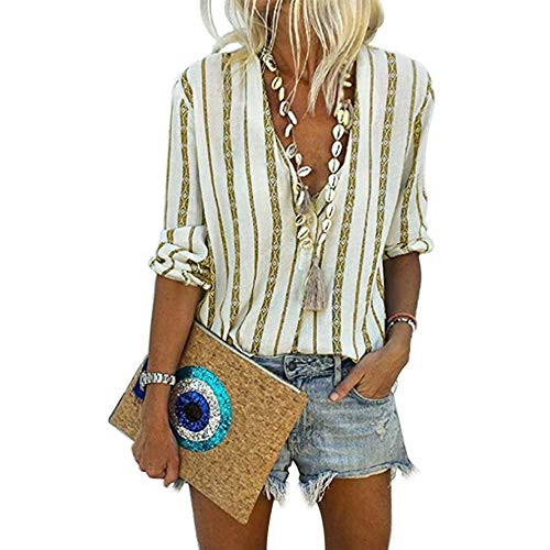 Simasoo Women's Summer Casual V Neck Long Sleeve Tops Striped Cuffed Sleeve Button Down Collar Blouses Shirts-Striped Yellow-Medium