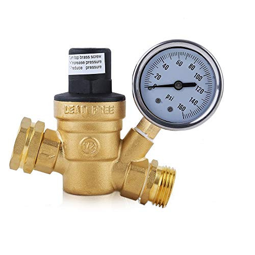 HQMPC Water Pressure Regulator Valve 3/4inch NH Brass Lead-Free Adjustable Water Pressure Reducer with Gauge for RV Camper- and Inlet Screened Filter