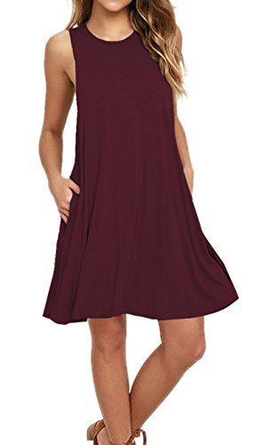 AUSELILY Women's Solid Plain Casual Simple Pocket T-Shirt Loose Dress Tank Sundress Burgundy -L-Wine Red-