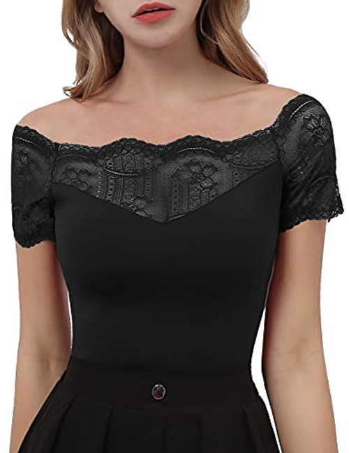 DJT Womens Off Shoulder Short Sleeve Lace Patchwork Slim Fit Blouses Tops Shirt Black Medium