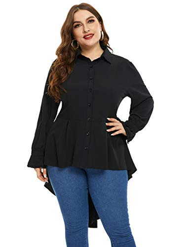 Womens Plus Size Casual Tops Long Sleeve Button Down Shirt Ruffle Blouse Black 24W