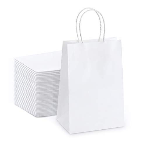 Kraft Paper Bags with Handles- 5.25x3.75x8 White Kraft Gift Bag- 100 Pc Bulk Grocery Shopping Bags- Party- Retail- Business- Packaging- Merchandise- Boutique- Wedding Favor- Baby Shower- Small Business
