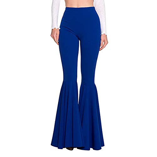 Women's Boho Solid High Waist Hippie Mermaid Ruffle Bell Flare Long Pants Casual Elastic Waist Stretchy 70's Disco Bottom Slim Fit Comfy Wide Legs Bootcut Palazzo Leggings Yoga Trousers Blue M