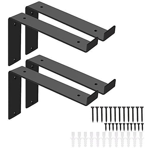 Shelf Brackets 8 inches- Heavy Duty Floating Shelf Brackets- Black Shelf Bracket for DIY Open Shelving Brackets- L Brackets for Shelves. 4 Pack