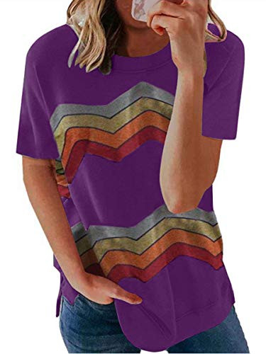 ECOWISH Women Shirts Leopard Print Color Block Tunic Top V-Neck Button Short Sleeve Loose Casual T-Shirt Blouse 137 Purple Medium