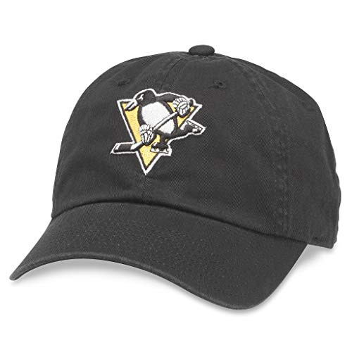 AMERICAN NEEDLE Pittsburgh Penguins NHL Baseball Hat- Casual Relaxed Fit with Curved Brim- Adjustable Buckle Strap Dad Cap- Blue Line Collection- Black -40742B-PPN-
