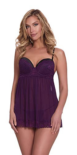 Dreamgirl Women's Flirty Mesh  and  Lace Babydoll with Matching G-String- Plum- Medium