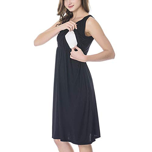 Nursing Sleeveless Dresses Maternity Nightshirt Breastfeeding Nightdress Solid Color Hospital Breastfeeding Sleepwear -Black- M-