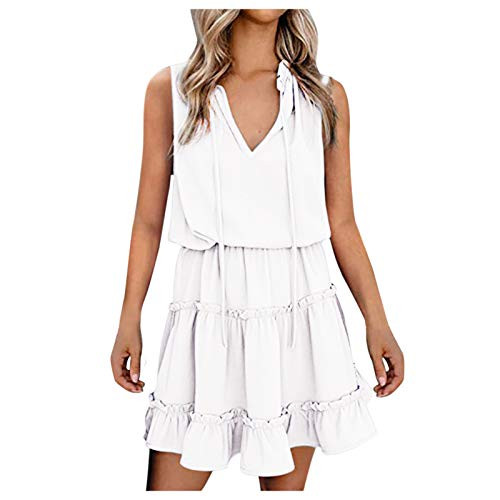 Laibory Women's Summer V-Neck Fashion Sleeveless Solid Color Pleated Mini Dress Elastic Waist Ruffle Skirt for Girl White