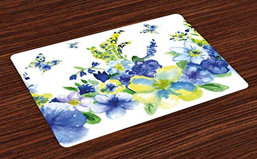 SMCOT Yellow and Blue Place Mats Set of 4- Spring Flower Watercolor Flourishing Vibrant Blooms Design- Washable Fabric Placemats for Dining Room Kitchen Table Decor- Royal Blue