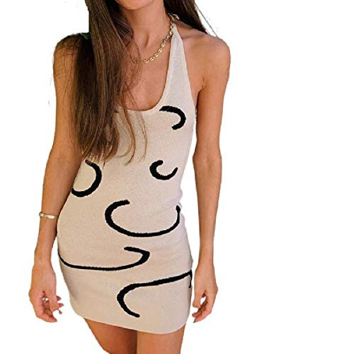 Women Sexy Y2K E Girl 90s Dresses Bodycon Halter Sleeveless Backless Knitted Midi Dress Party Beach Tank Dress -White-Large-Large--