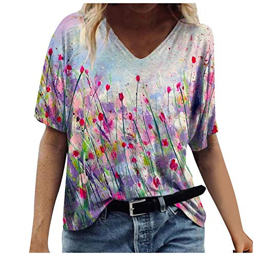 Summer V Neck Tshirt for Women Flower Printed T Shirts for Women Short Sleeve Summer Tops Casual Loose Fit Tee Purple Summer V Neck Tshirt for Women Flower Printed T Shirts for Women Short Sleeve Summer Tops Casual Loose Fit Tee Purple