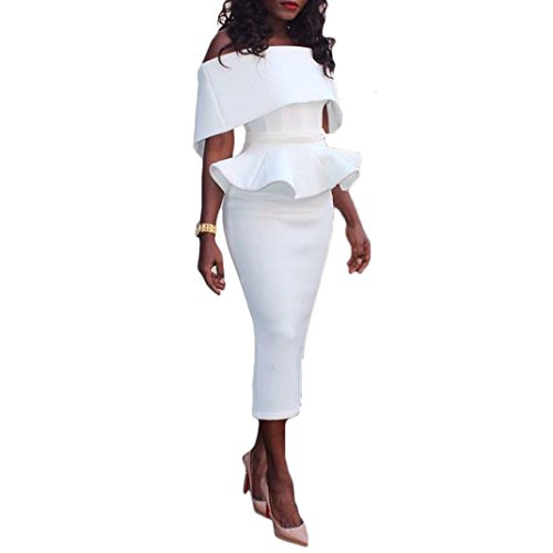 blingdeals Women's Sexy Off Shoulder Ruffle Party Bodycon Nightclub Midi Dress White 3XL US 2XL