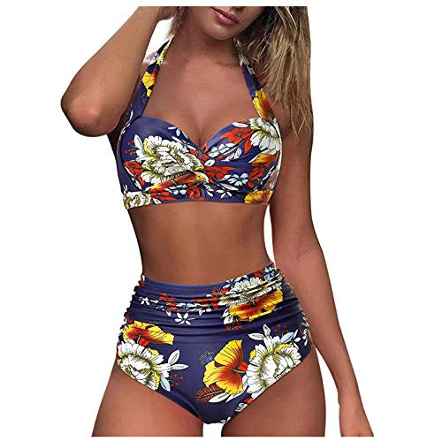High Waist Bikini Set for Women Two Piece Swimsuit Halter Ruched Cheeky Bikinis High Leg Bottom Swimwear Bathing Suits Dark Blue