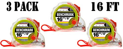 Benchmark - 3 PACK - CL Series Tape Measures - 16ft/5M - Clear Cover Measuring Tapes - Retractable and Locking Mechanism
