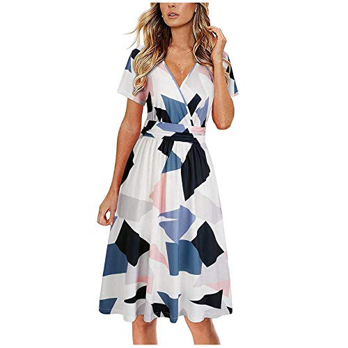 Women's Summer Short Sleeve V-Neck Dress Boho Floral Print Casual Knee-Length Swing a Line Pleated Beach Midi Sundress White