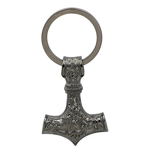 Crow King Viking Thors Hammer Pendant Key rings Key chains Antique Grey Metal Scandinavian Odin Wolf Knot Raven Mjolnir Norse Celtic Nordic Rune Talisman Saxon- Gray- 2