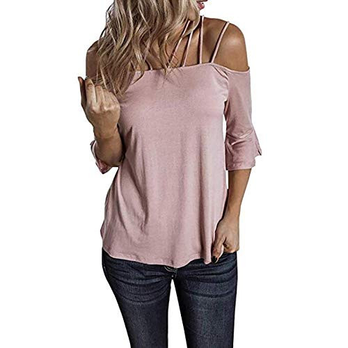 iQKA Women Flare Sleeve Off Shoulder Tops Solid Color Plus Size Strappy Shirt Summer Casual Half Sleeve T-Shirts S-5XL-Pink-2XL-