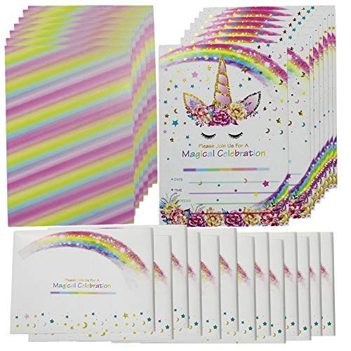 24 Pack Magical Rainbow Unicorn Party Invitations with Envelopes,Glitter Unicorn Invitations Party Supplies for Kids Birthday Baby Shower