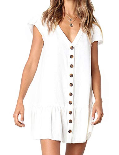 CAIYING Women Summer Stylish Ruffles Short Sleeve Button Down Loose Dresses Casual V Neck Tunic T-Shirt Dress -White- XL-