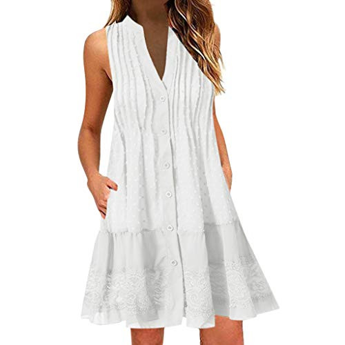 Hotkey Women Summer Tunic Dress Sleeveless Button V Neck Lace Casual Loose Flowy Swing Mini Beach Shirt Dresses White Hotkey Women Summer Tunic Dress Sleeveless Button V Neck Lace Casual Loose Flowy Swing Mini Beach Shirt Dresses White