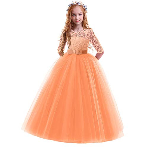Flower Girl Long Princess Dress Vintage Lace Maxi Gown Kids Formal Wedding Bridesmaid Pageant Tulle Dresses Little Big Girls Elegant Bow Dance First Communion Birthday Prom Dresses Pink Orange 5-6Y