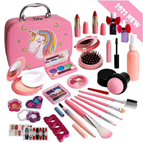 Flybay Kids Makeup Kit for Girls- Washable Makeup Set for Girl- Real Play Makeup Toys- Pretend Makeup Kit Girls Gift Toys with Cute Cosmetic Case for 5 6 7 8 Years Old Girls.