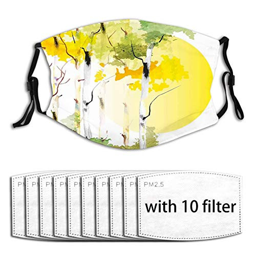 10 filters Windproof mask-Nature- Birch Tree Forest Bushes Watercolors with Big Sun Natural Artwork-Green Yellow Orange-Printed Facial decorations for adult