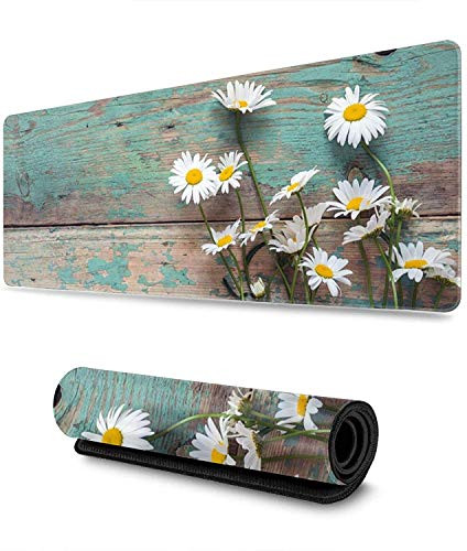 Daisies on Old Boards Gaming Mouse Pad XL-Extended Large Mouse Mat Desk Pad- Stitched Edges Mousepad-Long Non-Slip Rubber Base Mice Pad-31.5X11.8 Inch