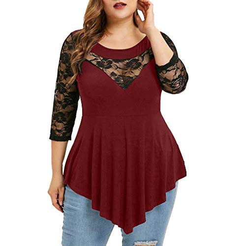 Meikosks Womens Floral Lace Blouse O-Neck Asymmetric Hem Tshirt 3/4 Sleeve Tops Patchwork Tunic Red