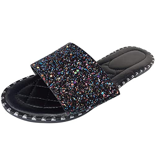 kakina Slides Sandals with Rhinestones for Women Flat Sandals Slide on Casual Slippers Open Square Toe Summer Beach Sandal