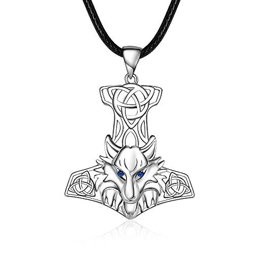 Wolf Mjolnir Necklace for Men S925 Sterling Silver Large Fenrir with Celtic Knot Thors Hammer Mens Necklaces Viking Amulet Gothic Jewelry Boys Wolf Mjolnir Necklace for Men S925 Sterling Silver Large Fenrir with Celtic Knot Thors Hammer Mens Necklaces Viking Amulet Gothic Jewelry Boys