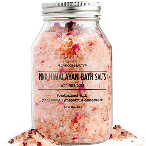 Pink Himalayan Bath Salt with Rose Petals - 100 percent Natural Aromatherapy and Relaxation - Ylang Ylang- Grapefruit Essential Oil - Cleanse- Revitalize and Soothes Skin