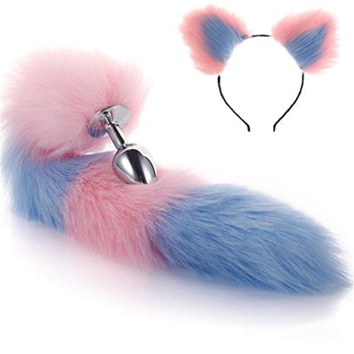 Pink  and  Blue Color Interval Three Sizes Fluffy Faux Fox Tail  and  Cat Ears Headband Charms Role Play Costume Party Cosplay Prop -L-