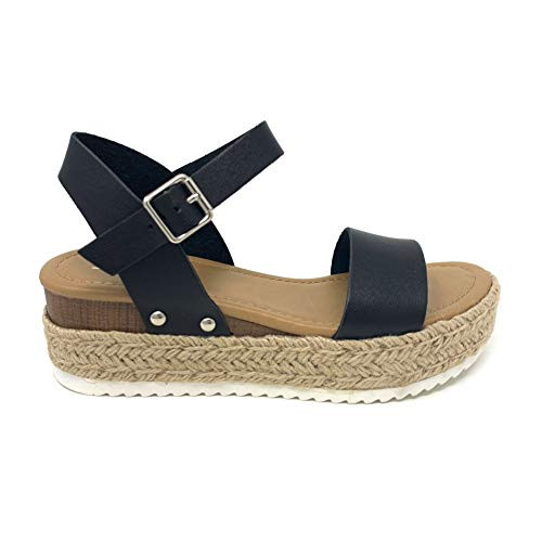 SODA Clip Topshoe Avenue Women's Open Toe Ankle Strap Espadrille Sandal -9- Black-