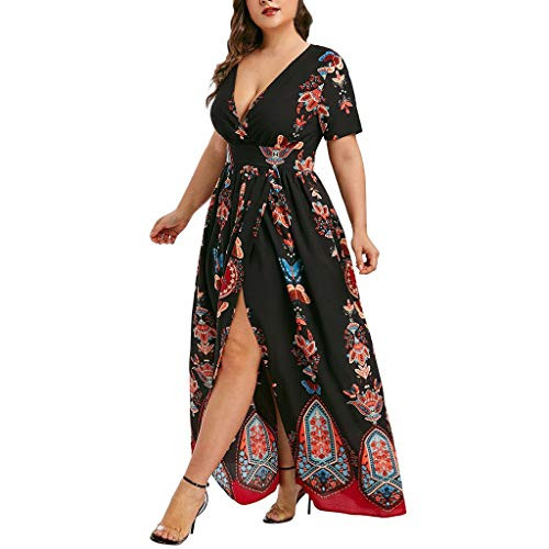 iQKA Women Butterfly Printed Sexy Deep V-Neck Short Sleeve Casual Long Dress Plus Size Split Maxi Party Dresses Vestidos-Black-4XL-
