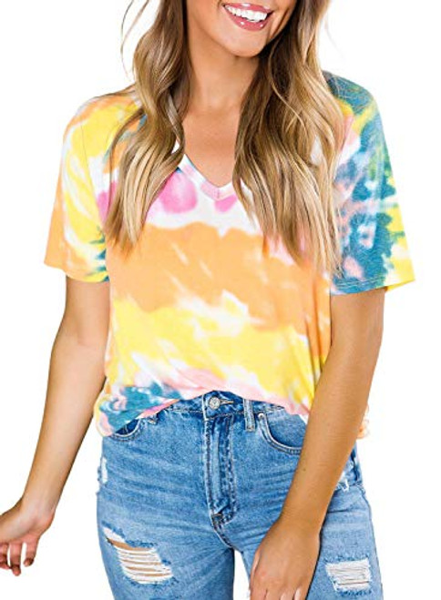 Dokotoo Womens Summer Fashion Ombre Tie Dye Print V Neck Short Sleeve T-Shirt Casual Loose Tunic Tops Blouses Tee Shirts Yellow S