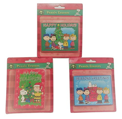 Peanuts Snoopy Puzzle Erasers ~ Complete Christmas Collection -Set of 3 Holiday Block Erasers- 3 x 4 Each-