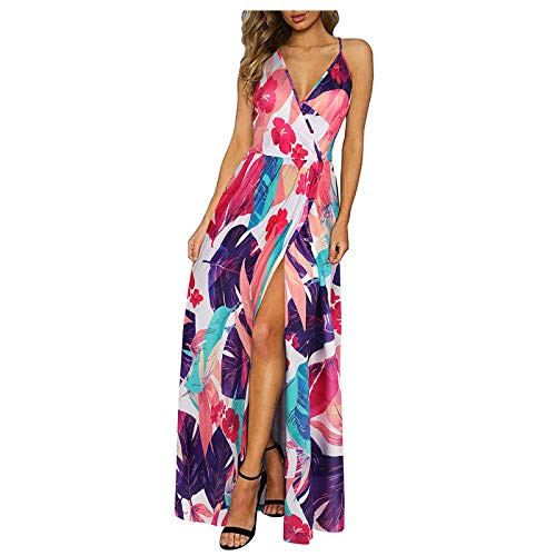 Women Fashion V-Neck Sleeveless Floral Print Sling Dress Casual Long Maxi Dress Summer Lady Party Evening Beach Dress