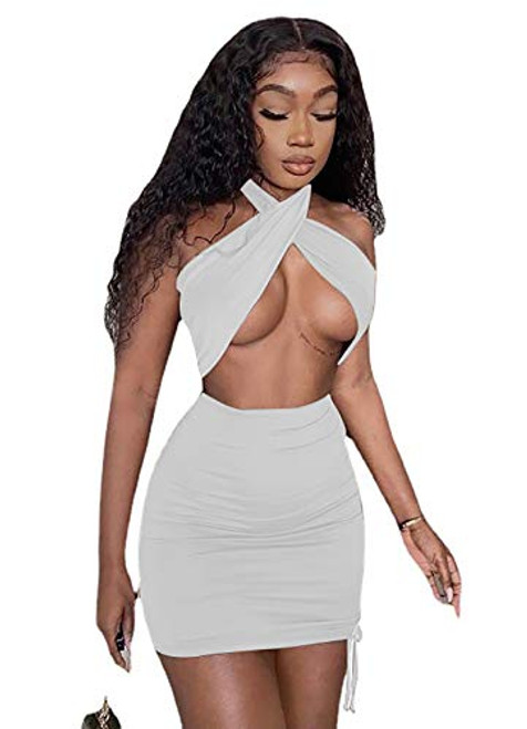 Womens Sexy Criss Cross Halter Short Dress Cut Out Ruched Drawstring Bodycon Club Party Mini Dresses -HLF-White-L- Womens Sexy Criss Cross Halter Short Dress Cut Out Ruched Drawstring Bodycon Club Party Mini Dresses -HLF-White-L-